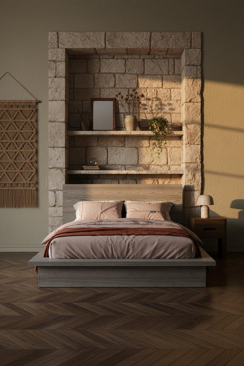 Cottage Bedroom Stone Alcove Amber Light