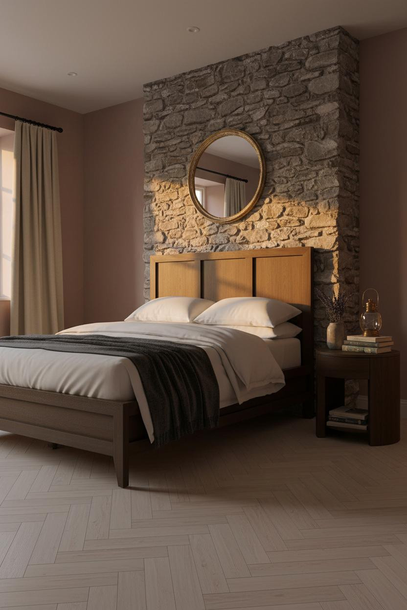 Cottage Bedroom Stone Chimney Amber Light