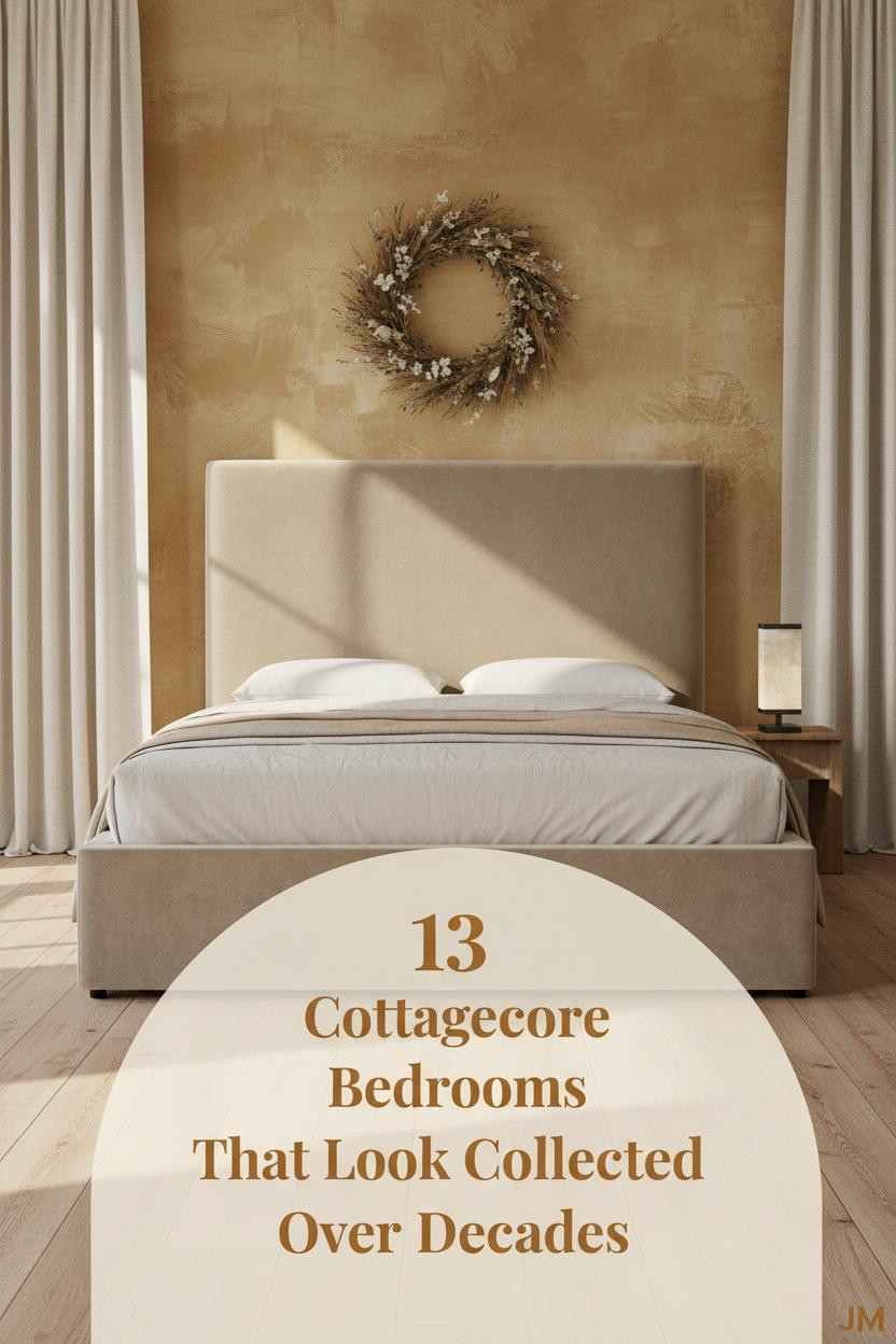 Cottagecore bedroom with honey-gold limewash wall, bleached oak floors, layered linen bedding, dried botanical wreath, and warm brass lamp glow