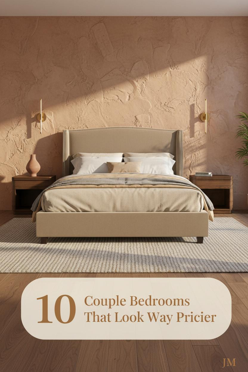 Warm clay plaster accent wall with brass sconces, walnut flooring, layered ivory linen bedding, terracotta vase, and stone-woven rug in a romantic couple bedroom