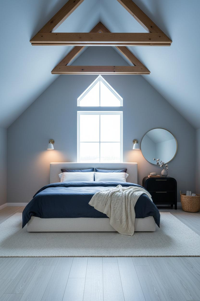 Cozy Attic Bedroom Exposed Beams Warm Lighting