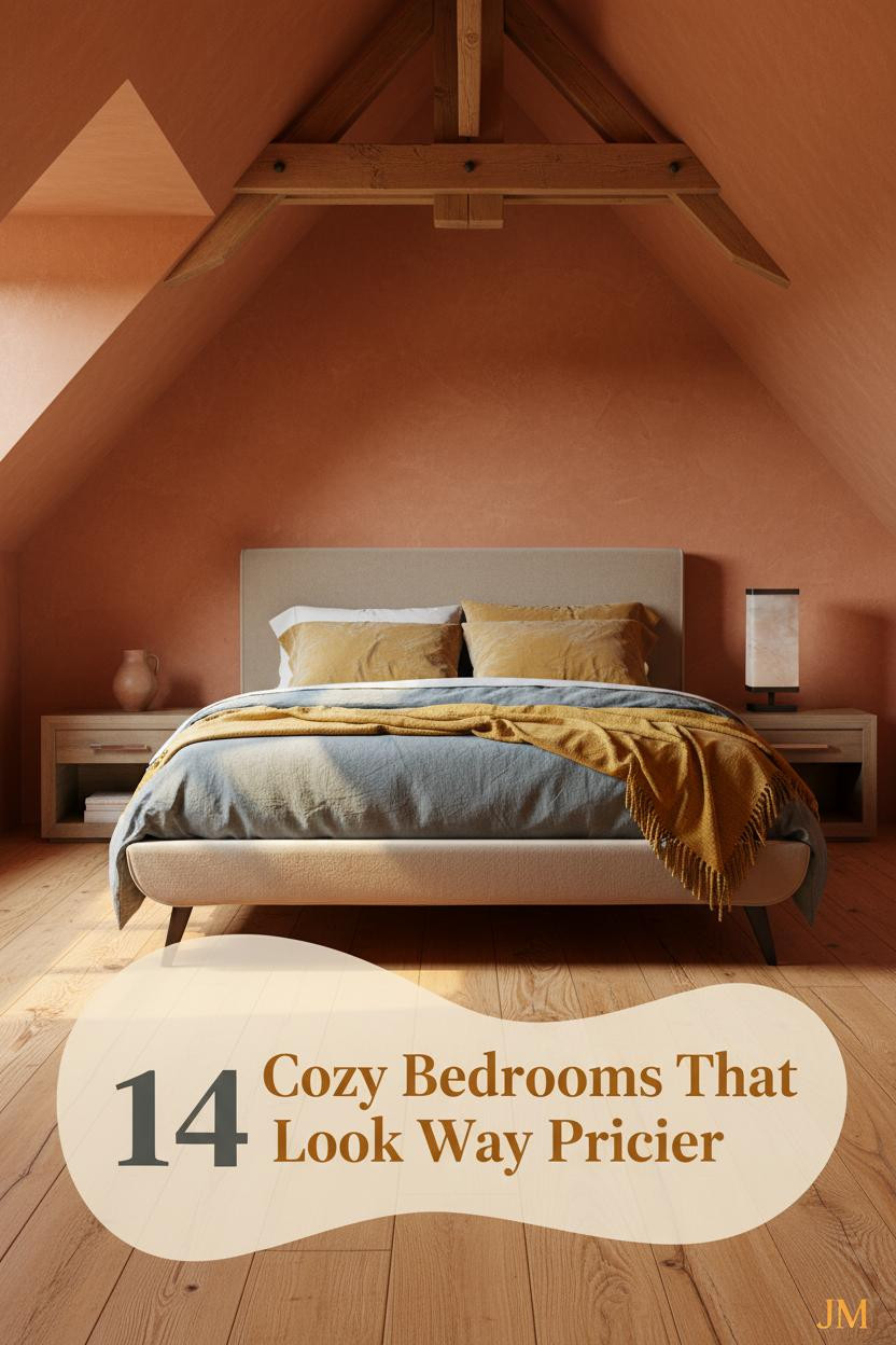 Attic bedroom with terracotta limewash walls, exposed wood beams, ochre linen bedding, mustard throw, and warm amber lamp glow on reclaimed oak floors