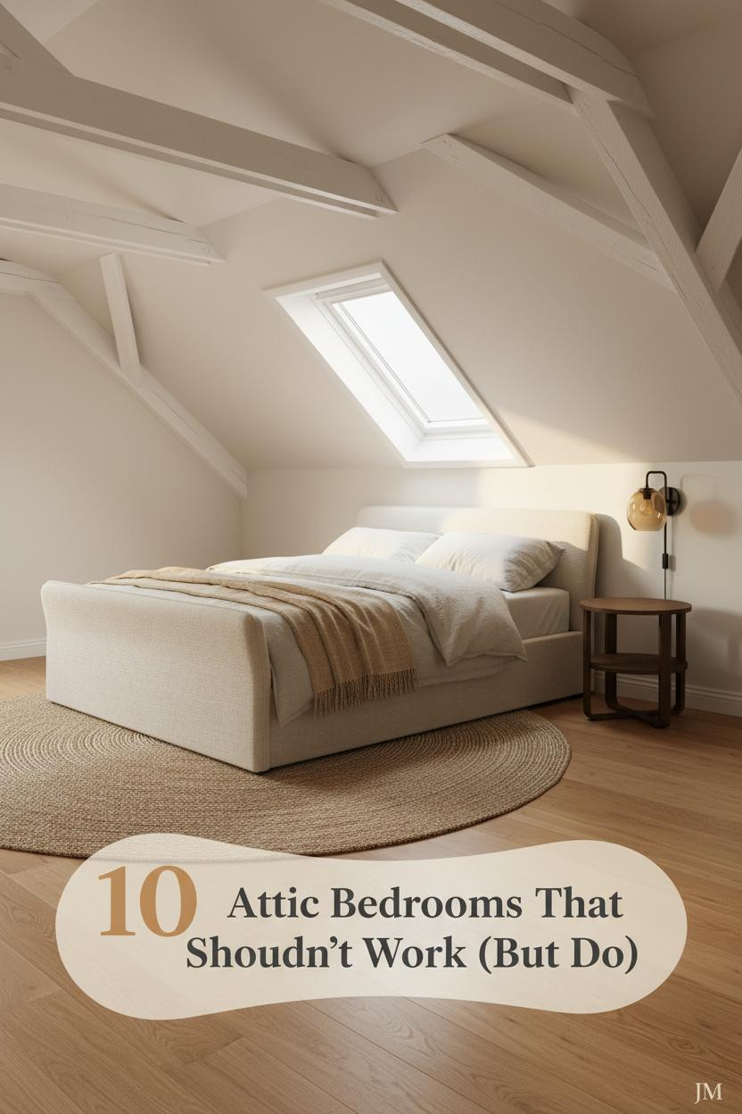 Cozy attic bedroom with whitewashed angled ceiling, honey oak floors, oatmeal linen bedding, wool throw, jute rug, and warm amber sconce light