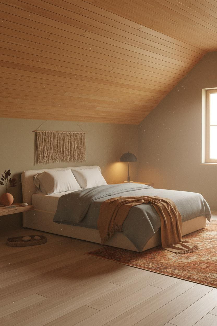 Cozy Attic Bedroom Japandi Cedar Ceiling
