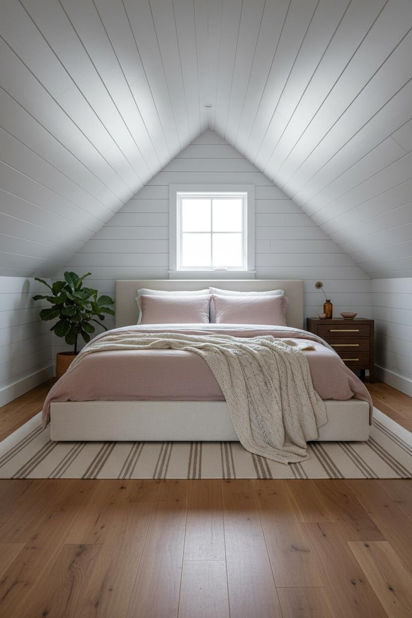 Cozy Attic Bedroom Low Ceiling White Shiplap