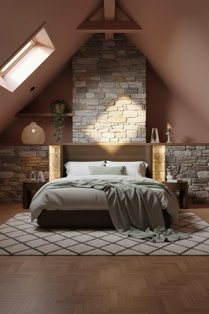 Cozy Attic Bedroom Stone Wall Herringbone