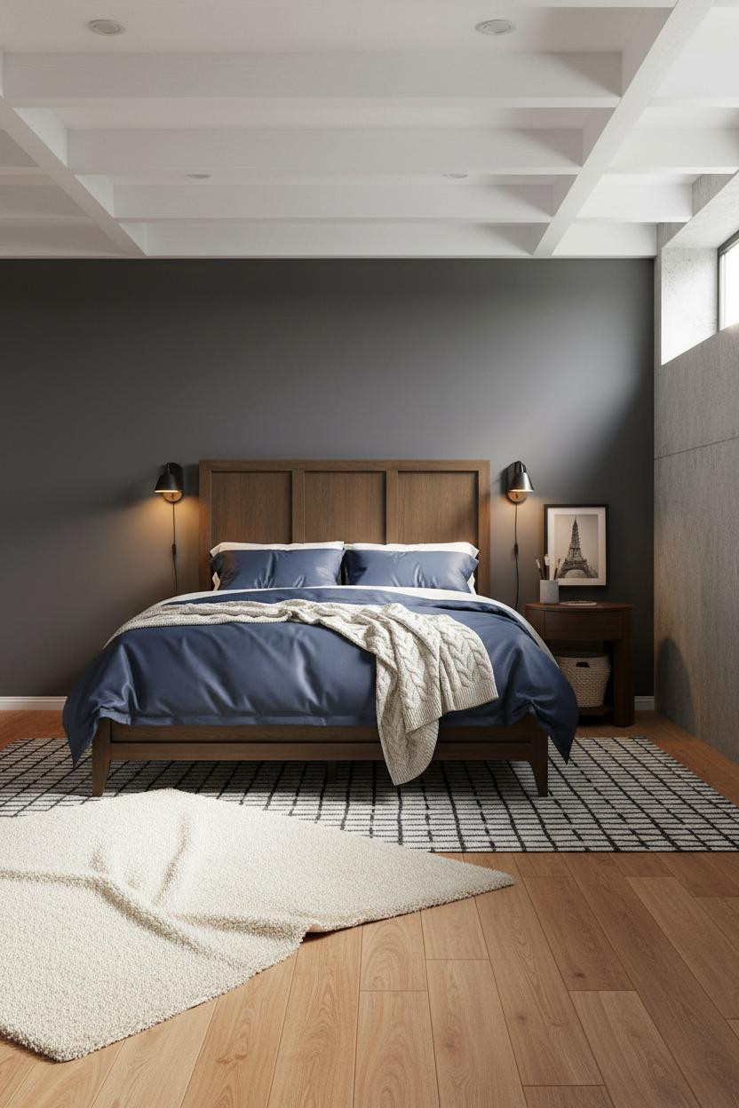 Cozy Basement Bedroom Grey Accent Wall