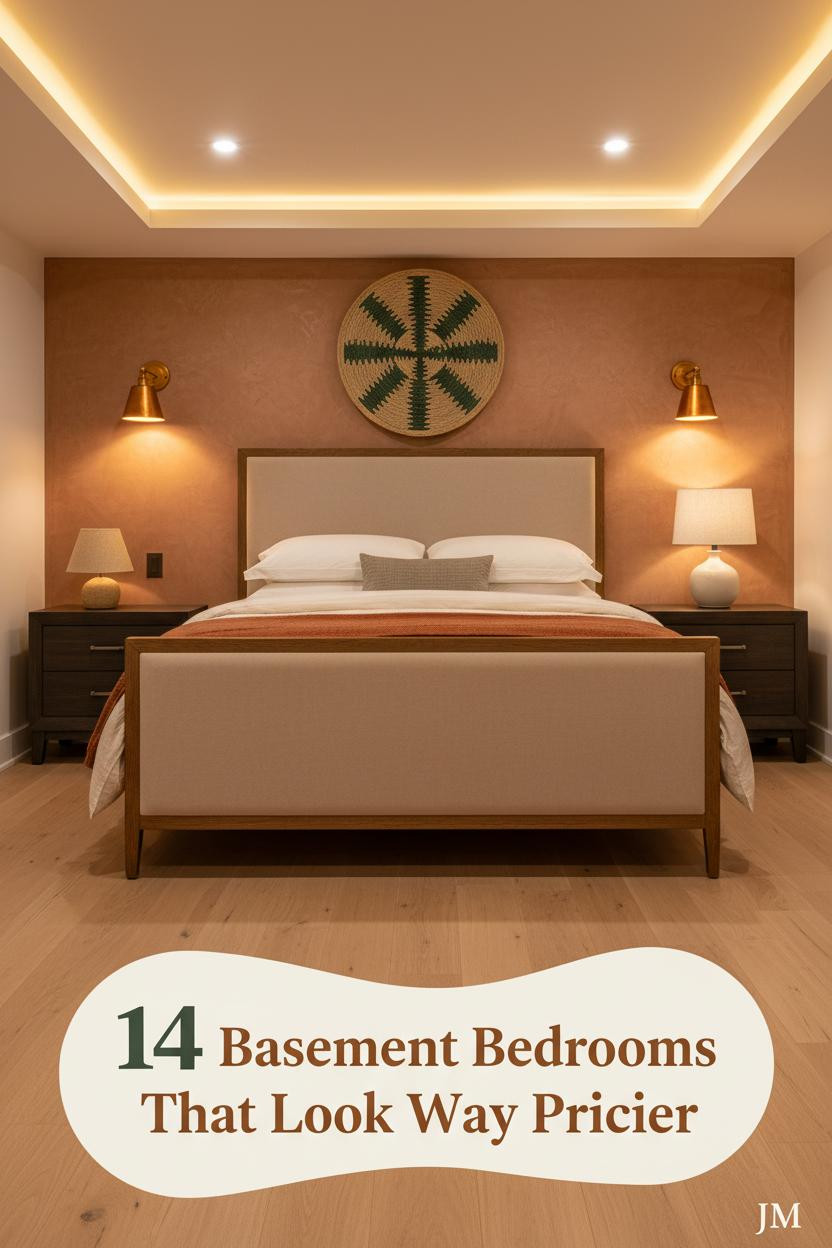 Low-ceiling basement bedroom with clay limewash wall, bleached oak floors, cream linen bedding, rust wool throw, and amber wall sconces