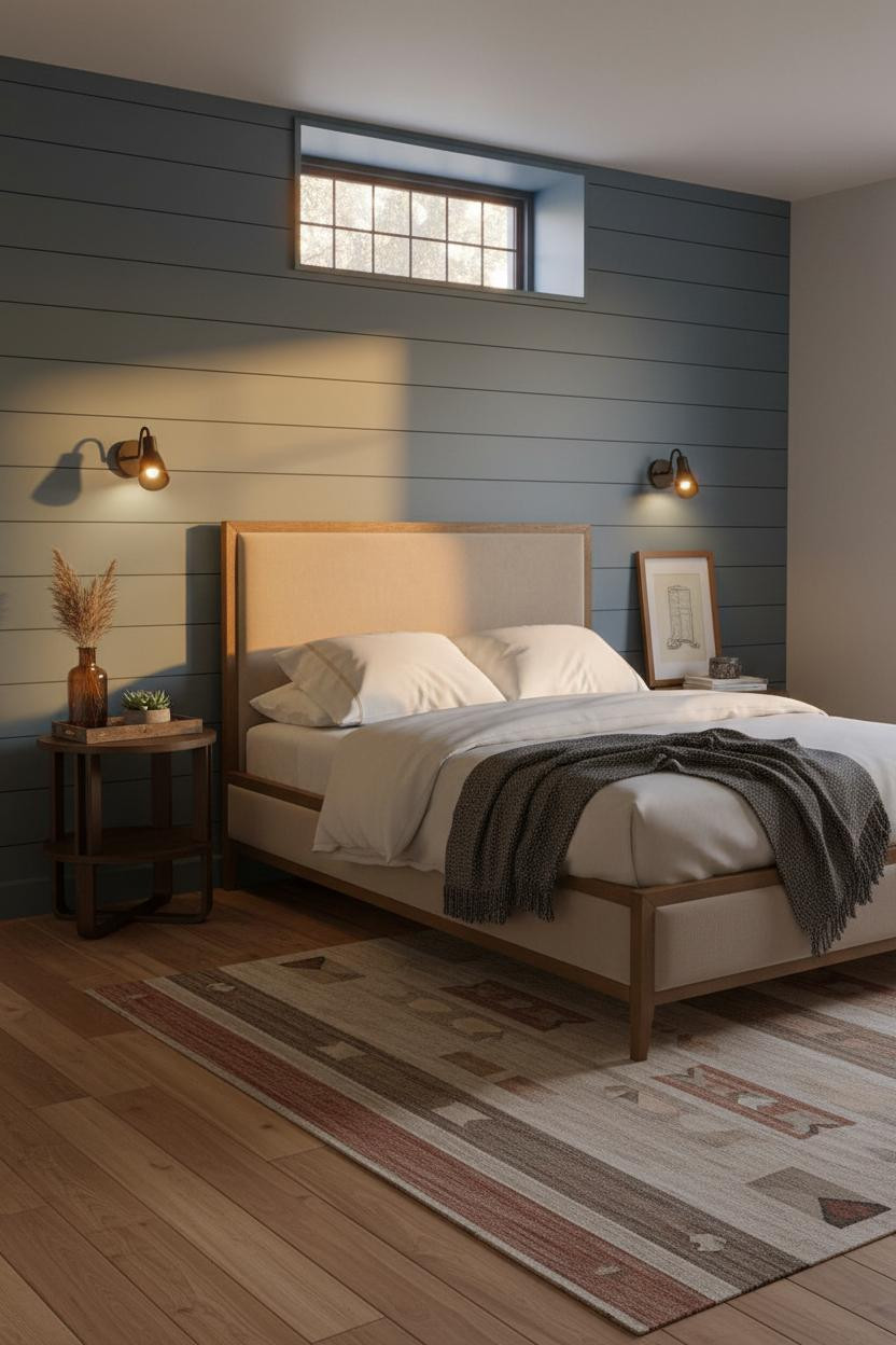 Cozy Basement Bedroom Shiplap Accent Wall
