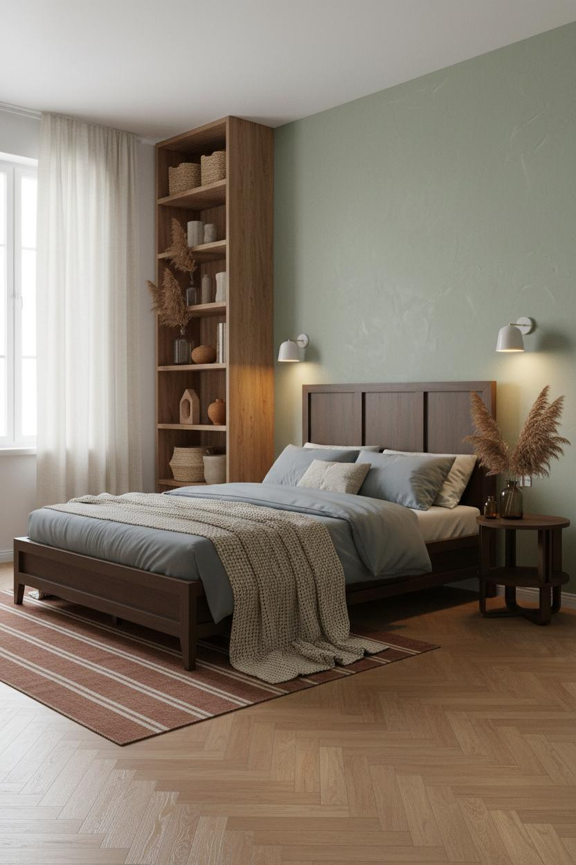 Cozy Boho Bedroom Earthy Shelving Sage