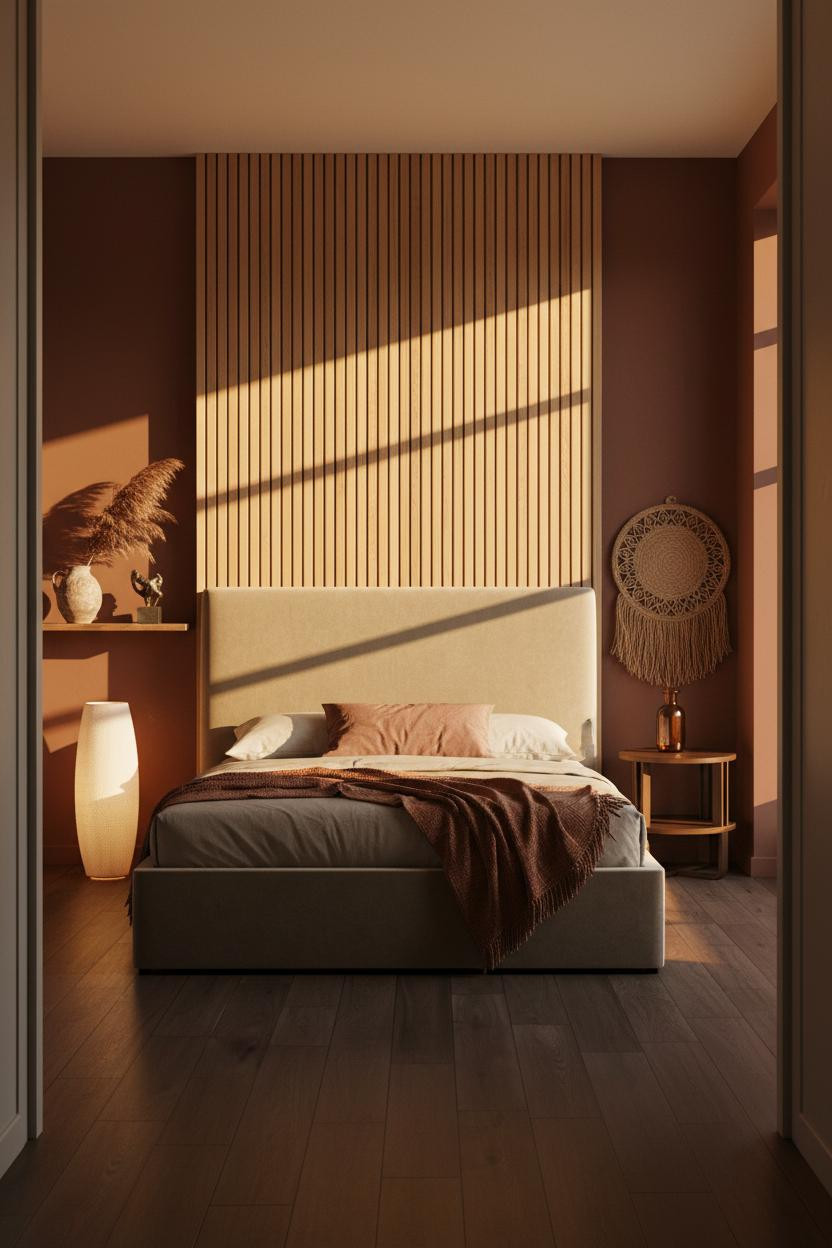 Cozy Boho Bedroom Earthy Timber Accent Wall