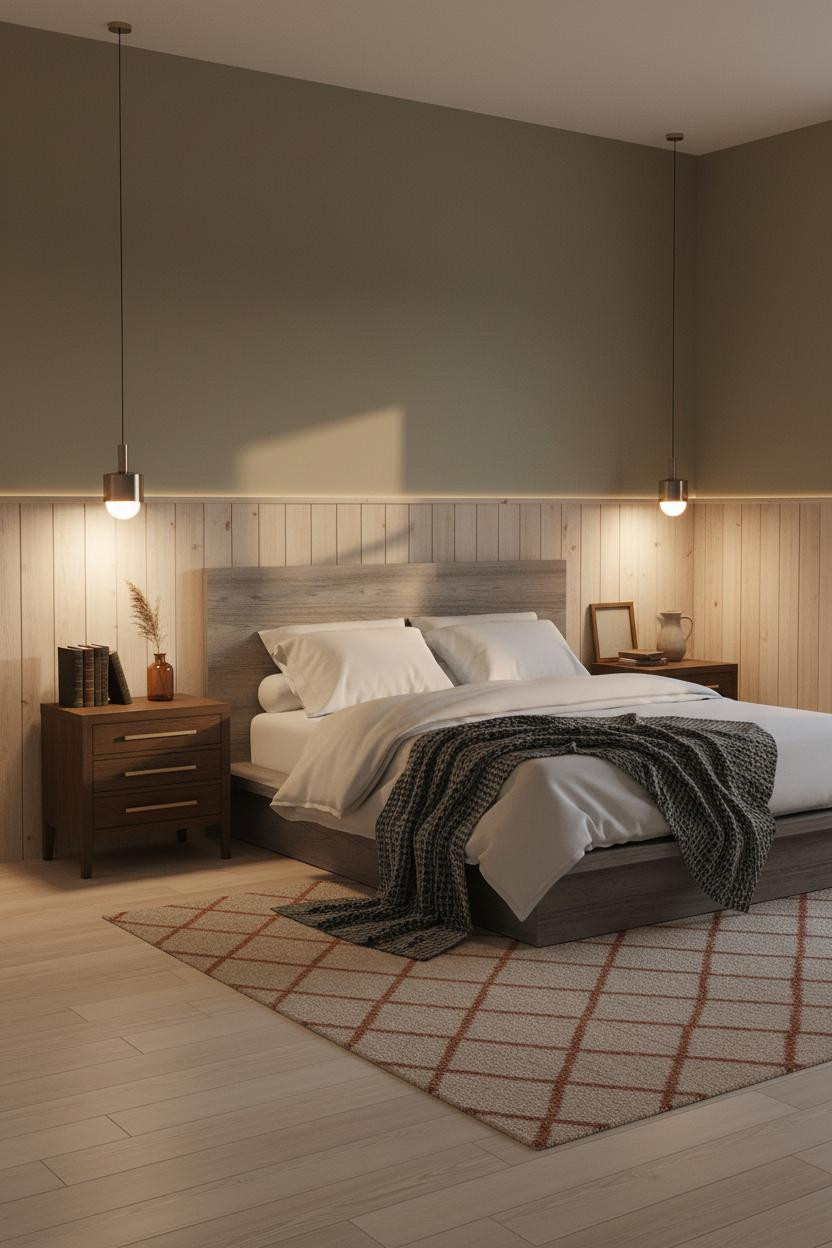 Cozy Boho Bedroom Earthy Wainscoting Warm Lighting