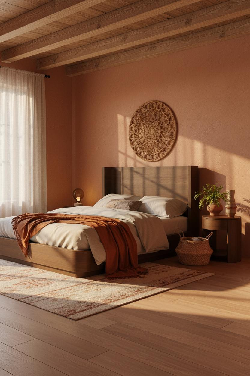 Cozy Boho Bedroom Earthy Walls Wooden Beam