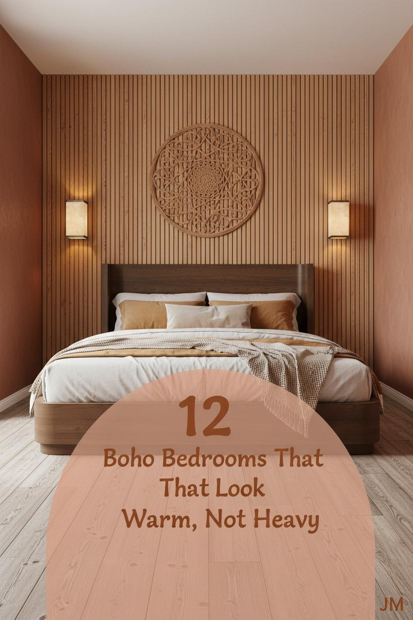 Boho bedroom with honey timber slat wall, rust-clay limewash, cream and ochre linen bedding, rattan wall hanging, and amber sconce glow