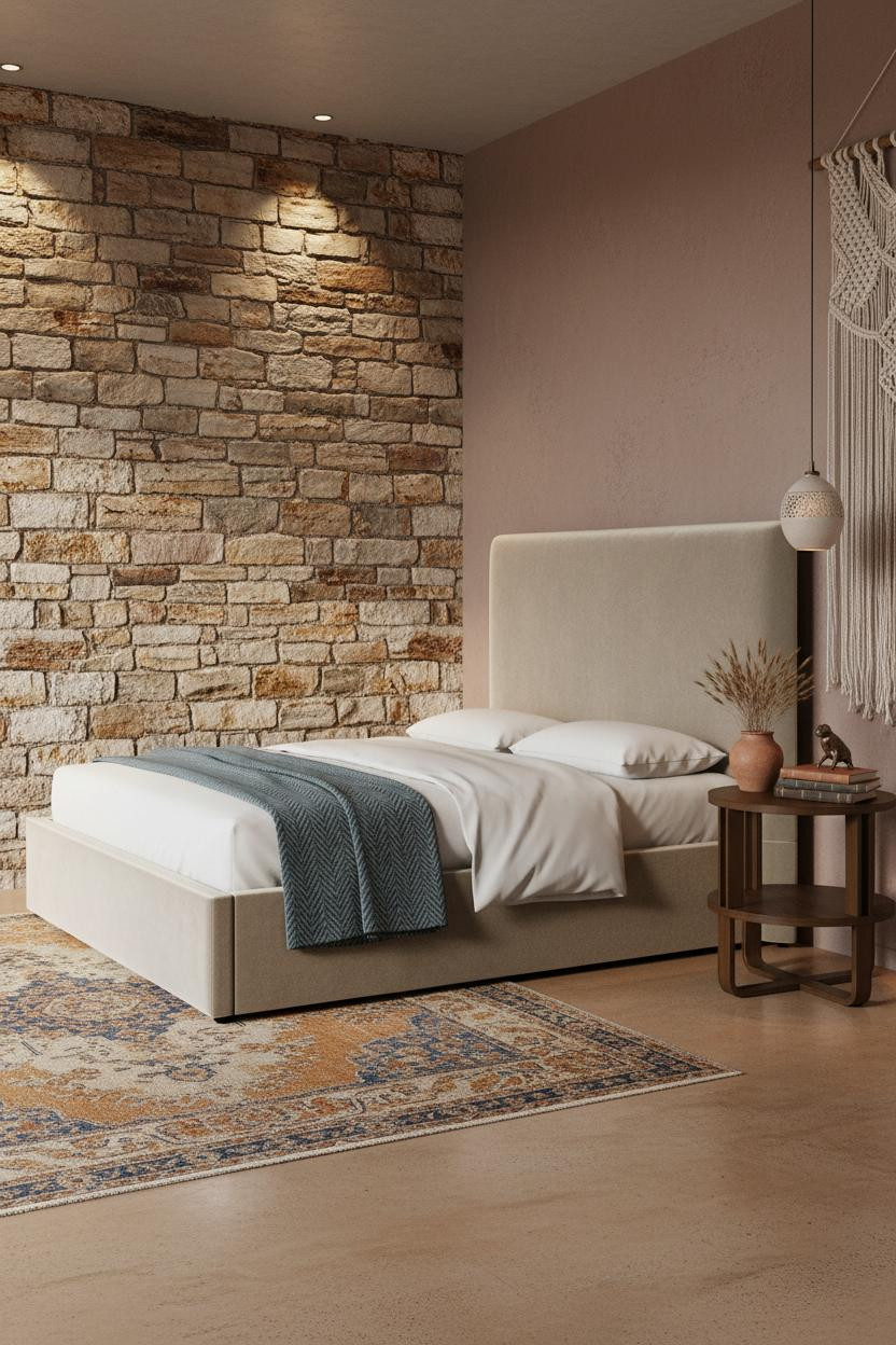 Cozy Boho Bedroom Stone Accent Wall