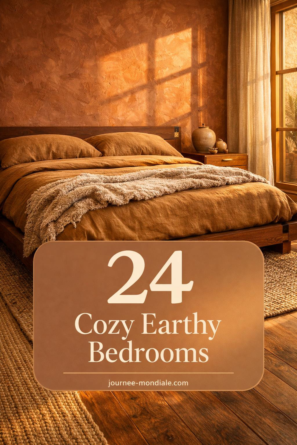 Warm earthy bedroom featuring terracotta clay-plaster wall, walnut platform bed with caramel linen duvet, jute rug, brass accents