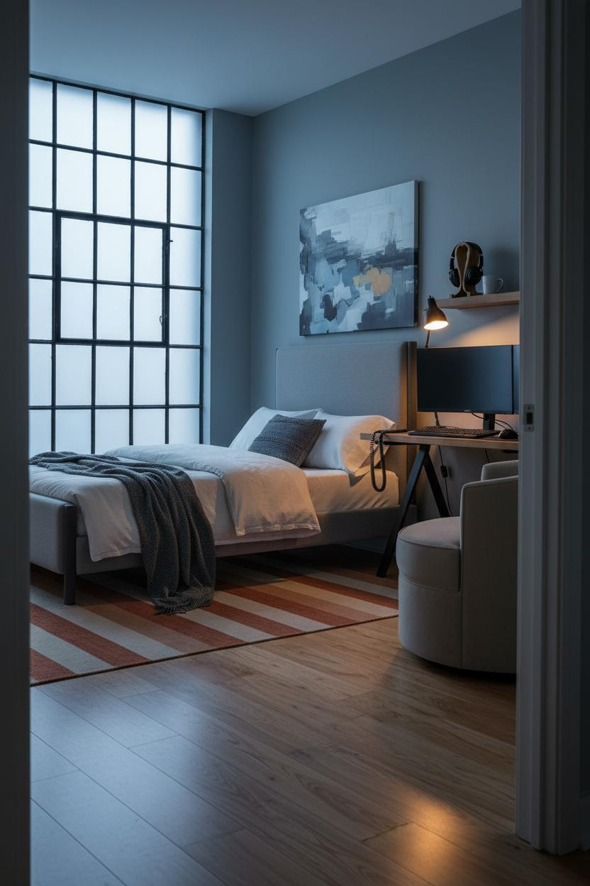 Cozy Gamer Bedroom Dual Monitor Setup