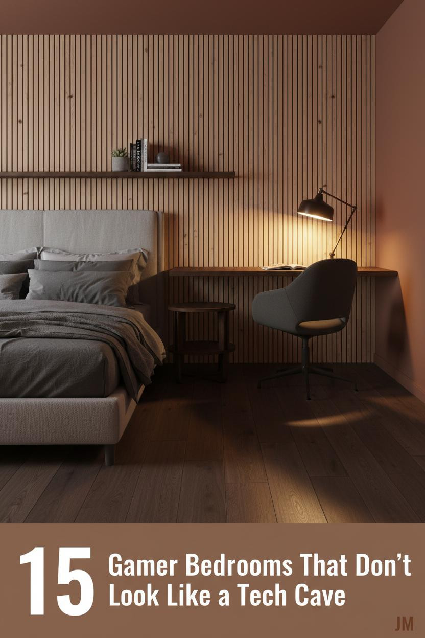 Cozy gamer bedroom with pine slat accent wall, rust-clay walls, walnut flooring, charcoal linen bedding, and warm amber desk lamp glow