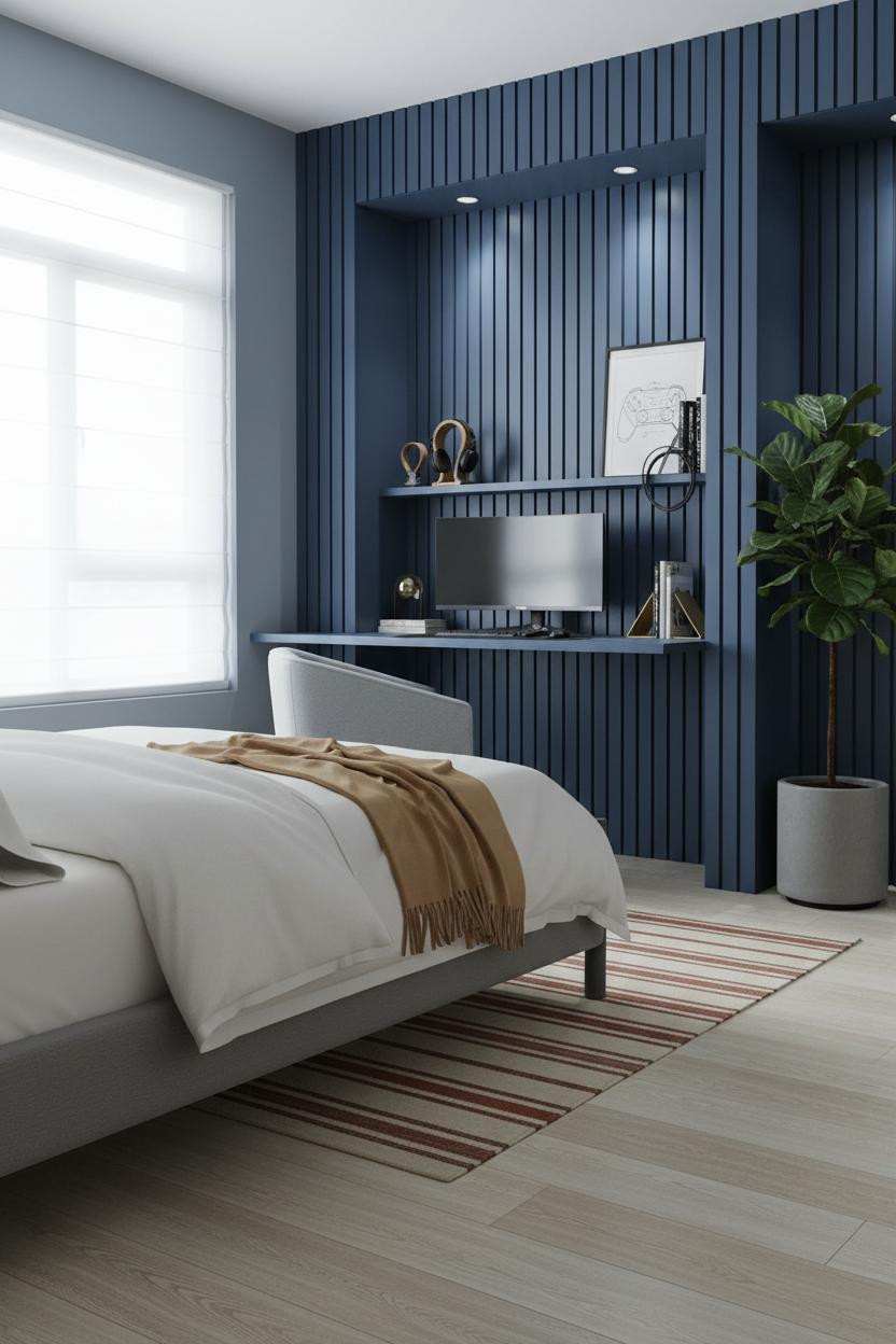 Cozy Gamer Bedroom Navy Paneling