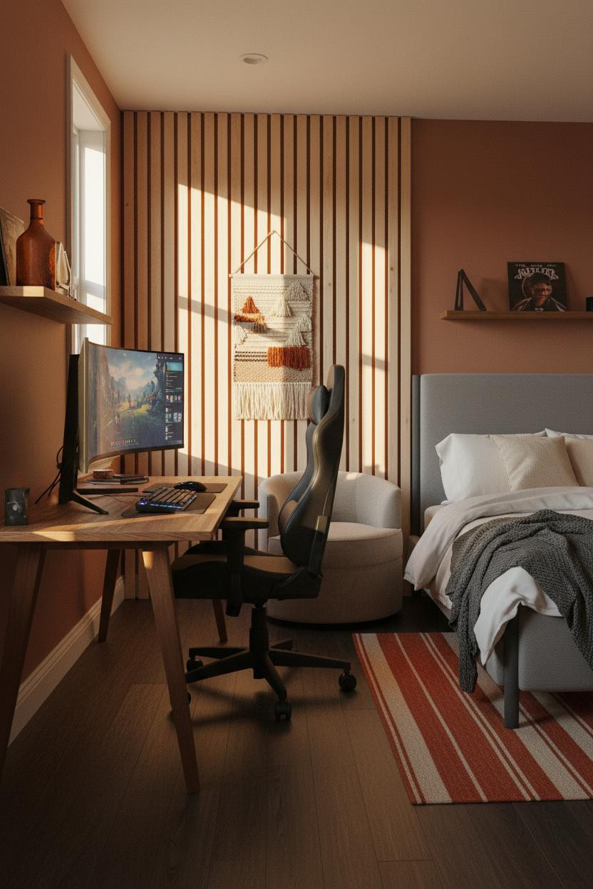 Cozy Gamer Bedroom Wood Wall Desk