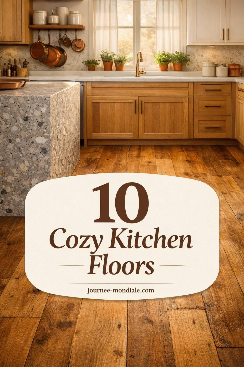 Warm honey-toned wide-plank reclaimed timber flooring in modern farmhouse kitchen with white oak cabinets, brass hardware, terrazzo island, and natural morning light