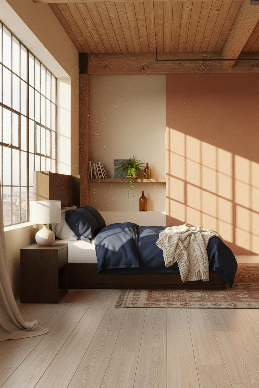 Cozy Loft Bedroom Timber Beams Design