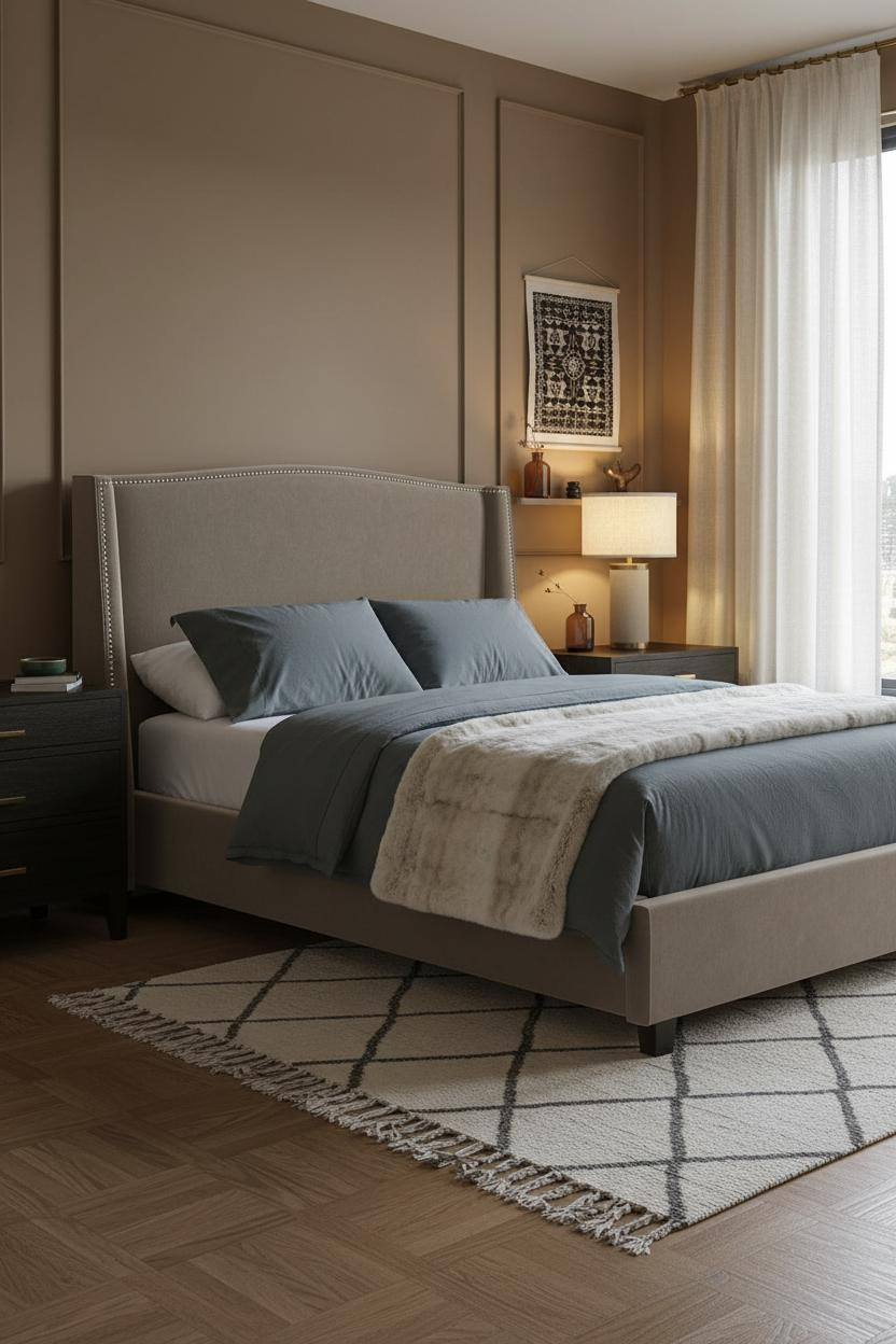 Cozy Small Bedroom Clay Walls Herringbone