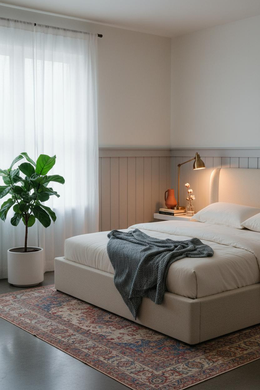 Cozy Small Bedroom Wainscoting Brass Lamp