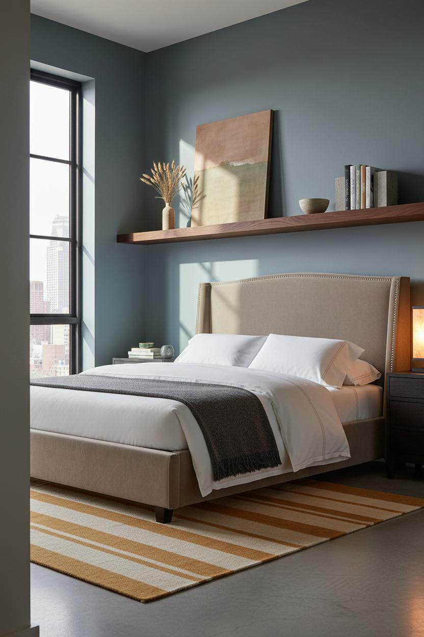 Cozy Small Bedroom Walnut Shelving Design