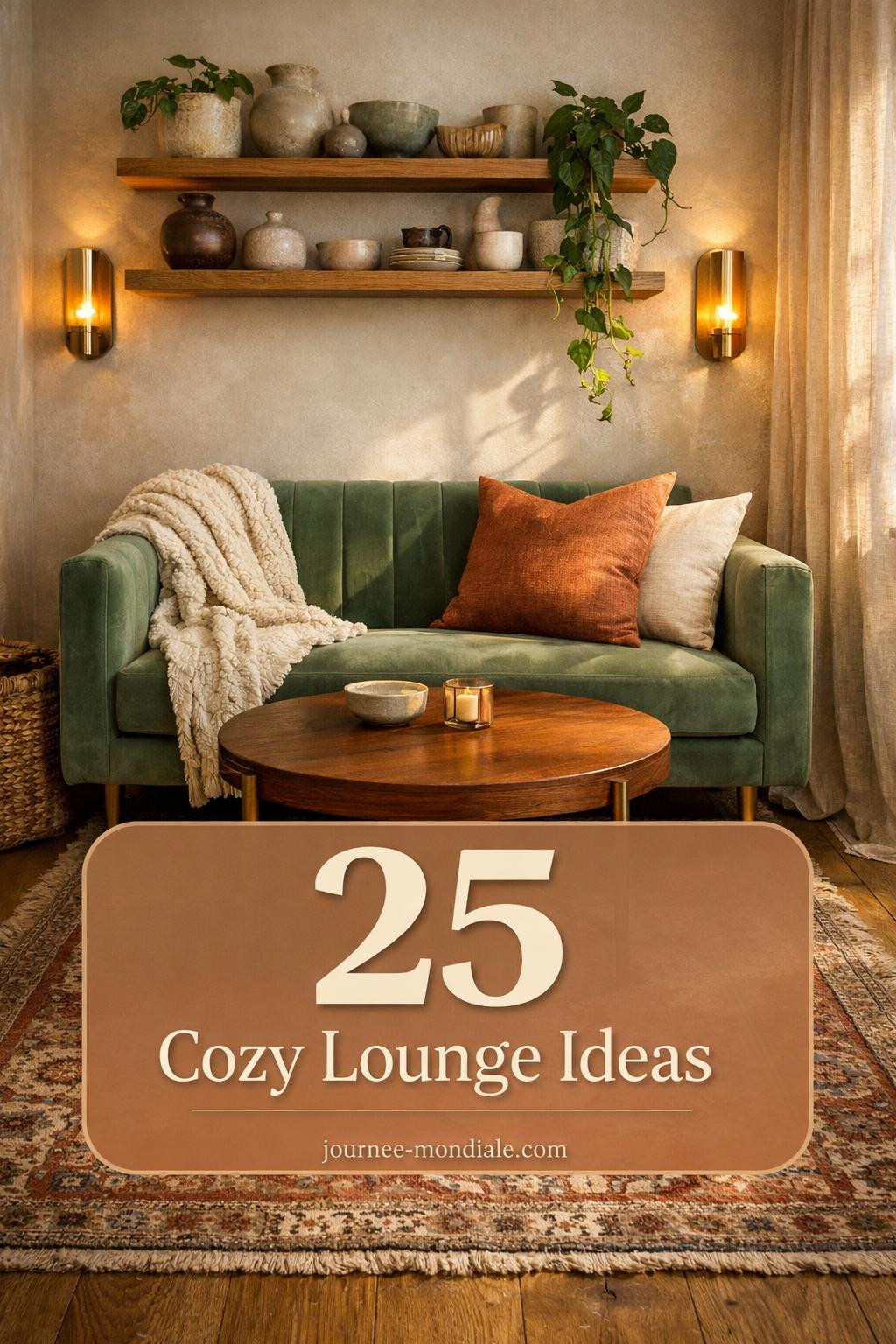 Sophisticated small lounge featuring sage green channel-tufted loveseat, walnut coffee table, vintage Persian rug, floating oak shelves with ceramics and pothos, warm brass sconces