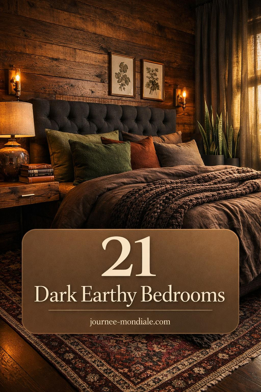 Sophisticated charcoal bedroom featuring tufted linen headboard, chocolate brown bedding, moss green pillows, reclaimed walnut nightstand, brass lamp, Persian rug, and pothos plant