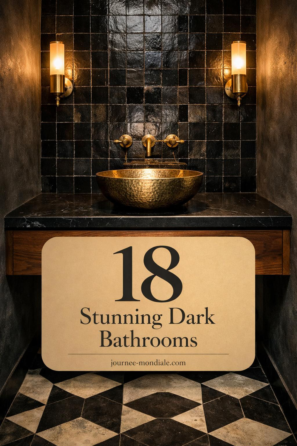 Dramatic charcoal powder room featuring floating walnut vanity, hammered brass vessel sink, black zellige tiles, hexagonal cement floor in geometric pattern