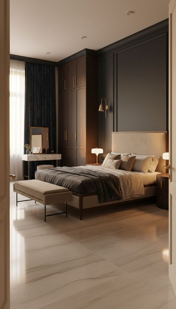 Master bedroom with dark wood built-in wardrobes, cream upholstered bed, brass wall sconces, and herringbone flooring