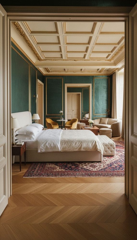 Teal walls with coffered ceiling white bed Persian rug wood floors classical bedroom