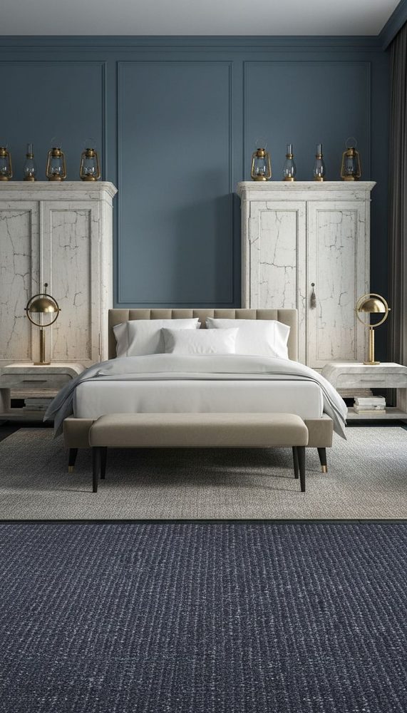 Blue paneled bedroom with distressed white wood built-in wardrobes flanking upholstered bed with brass accents