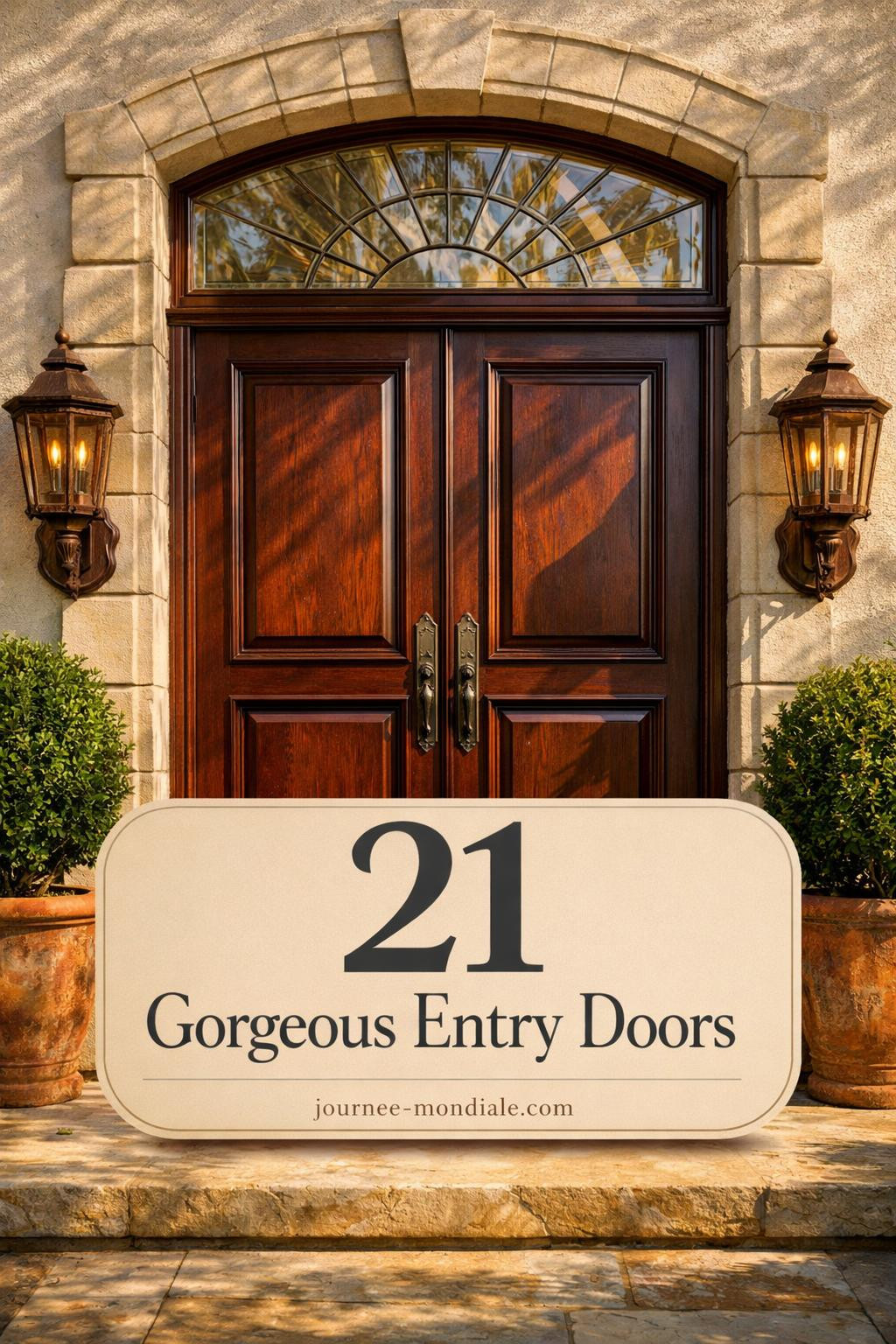 Elegant mahogany double front entry doors with arched transom window, bronze hardware, limestone surround, copper lanterns, and boxwood topiaries