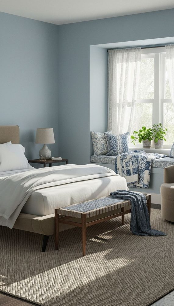 French blue bedroom with jute rug woven bench white bedding and natural textures