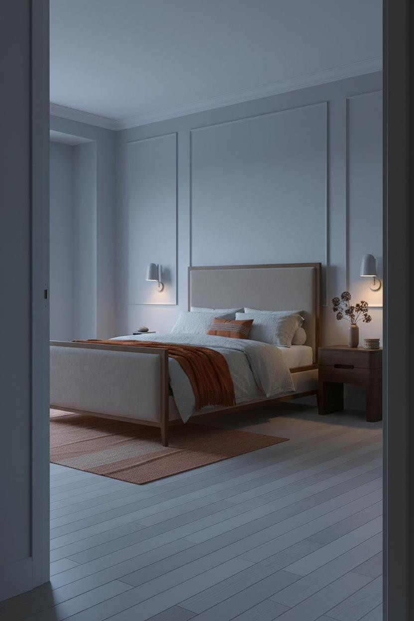 Earthy Bedroom Dove Grey Paneling Warm Aesthetic