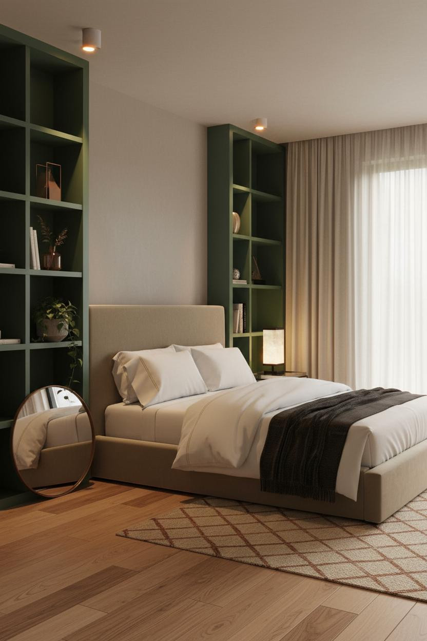 Earthy Bedroom Green Built-In Warm Light