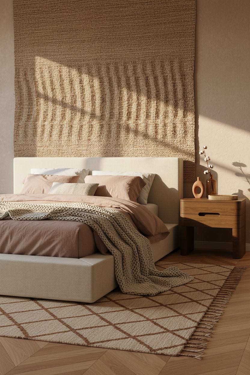 Earthy Bedroom Jute Wall Warm Lighting