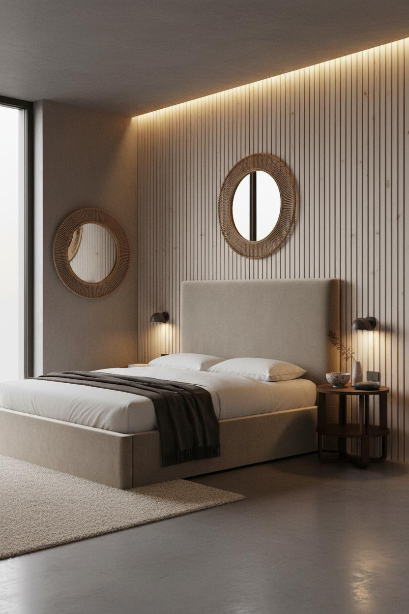 Earthy Bedroom Minimal Wood Slatted Wall