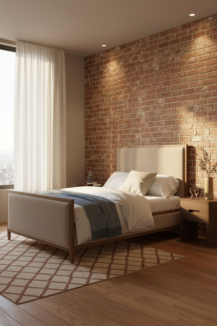 Earthy Bedroom Ochre Brick Accent Wall