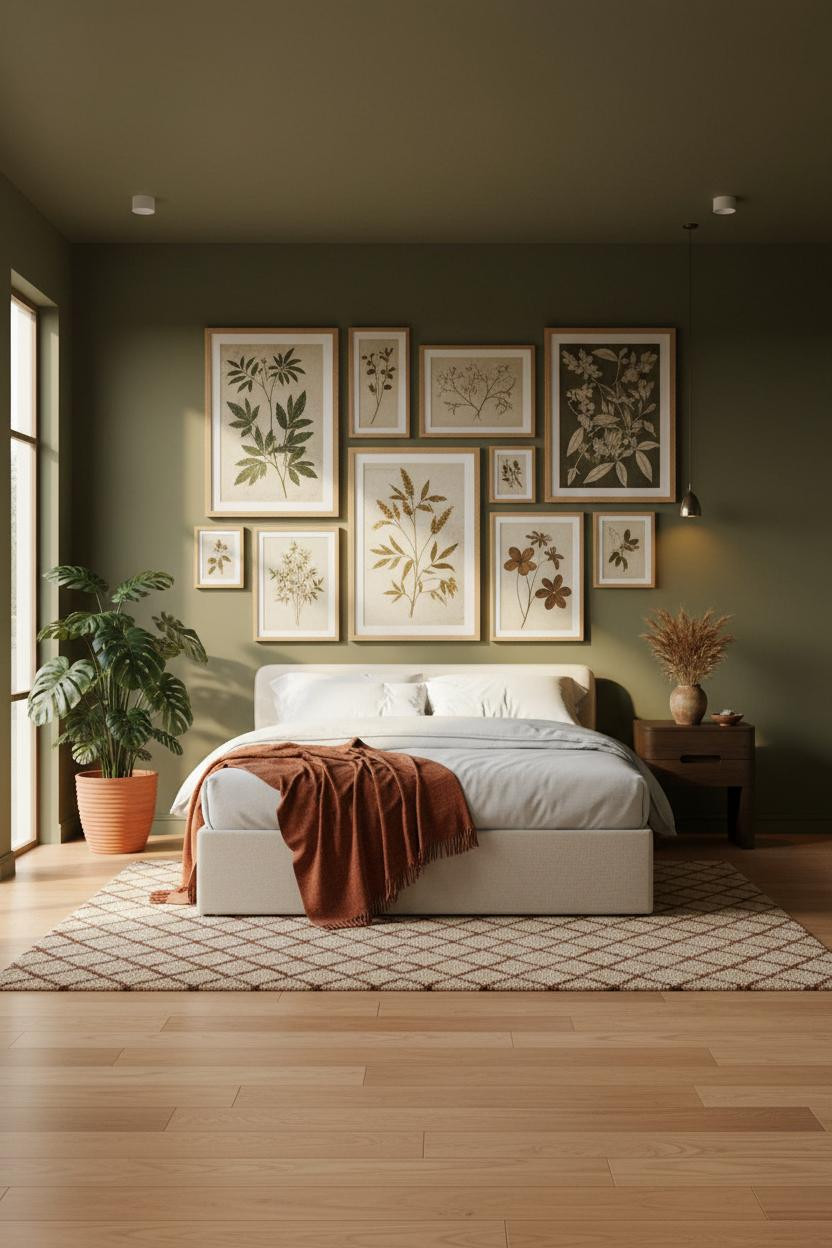 Earthy Bedroom Olive Walls Botanical Gallery