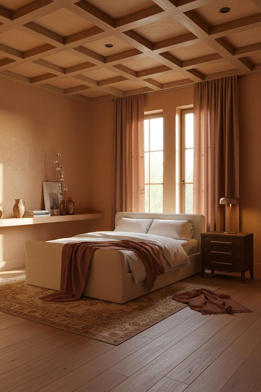 Earthy Bedroom Warm Ochre Coffered Ceiling