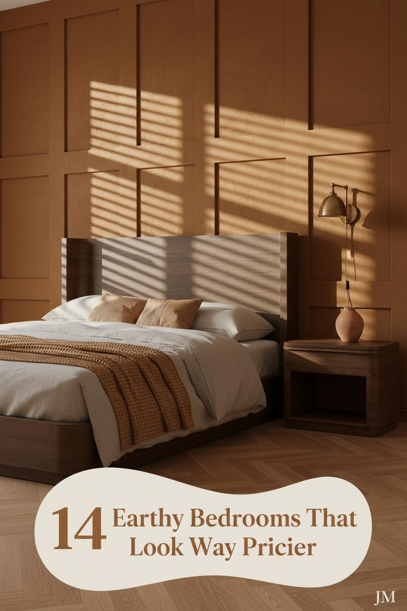 Earthy bedroom with deep ochre board-and-batten wall, oak herringbone floor, oatmeal linen bedding, camel throw, and aged brass sconce glow