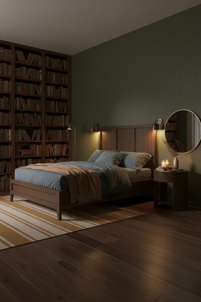 Earthy Vintage Bedroom Dark Academia Warm Lighting Walnut Bookshelf