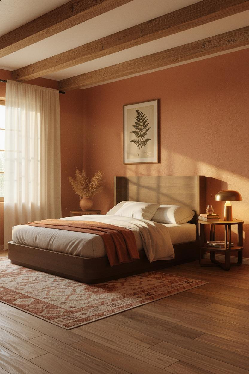 Earthy Vintage Bedroom Golden Light Terracotta Walls Wooden Beams