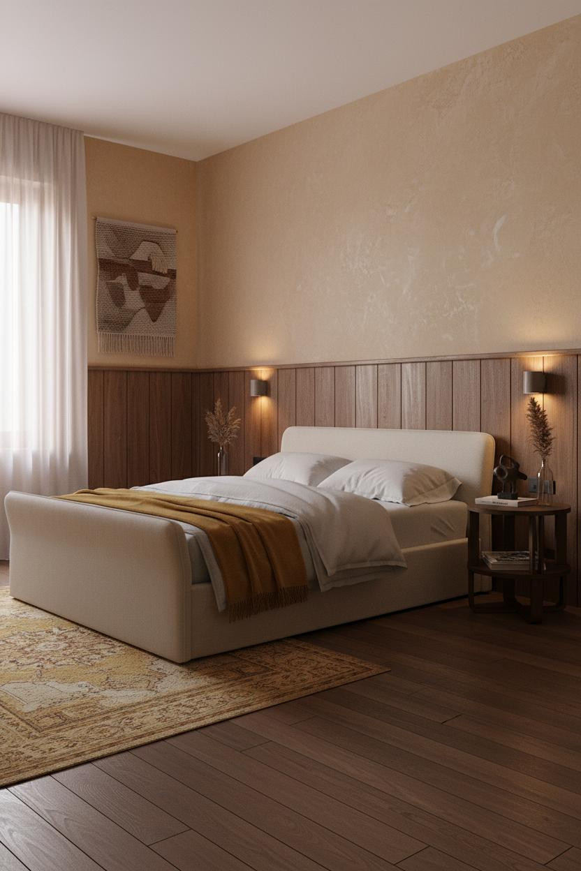 Earthy Vintage Bedroom Warm Plaster and Walnut Paneling