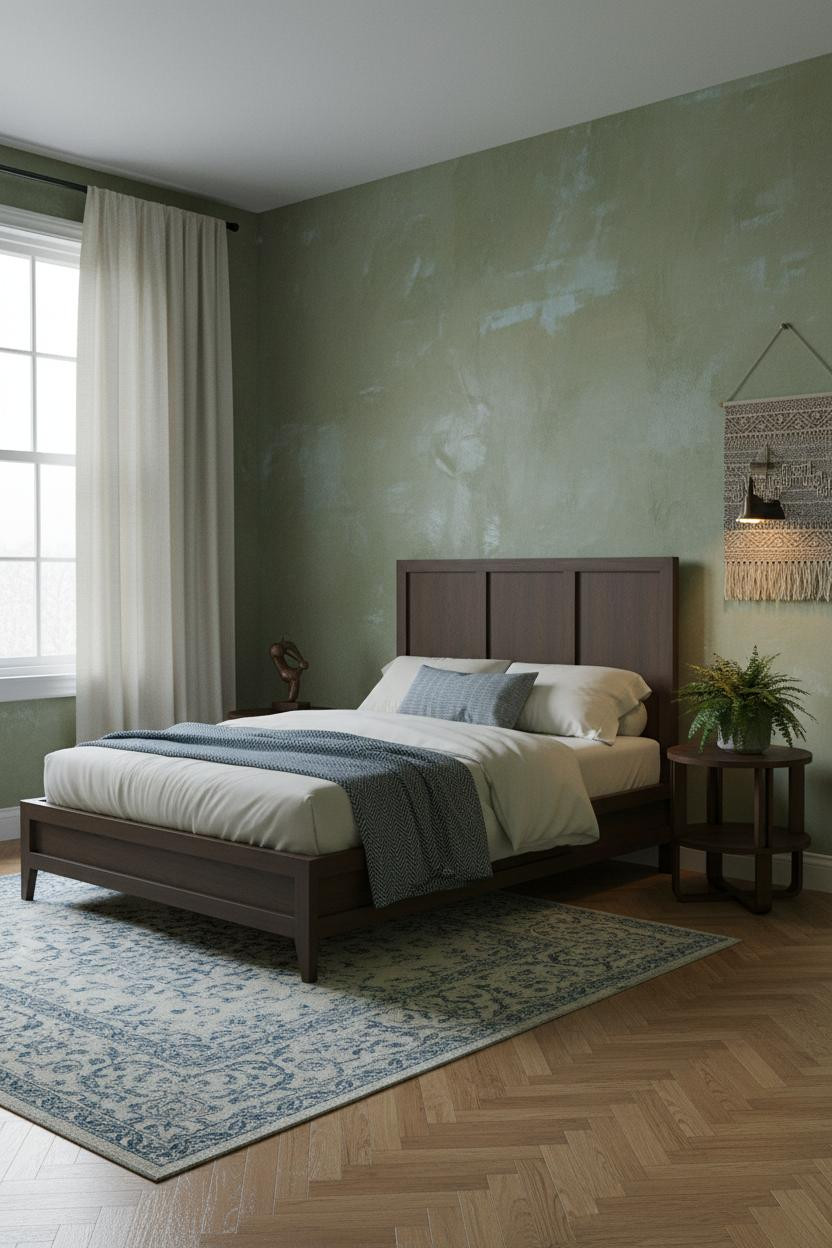 Earthy Vintage Bedroom Sage Green Plaster Walls Warm Wood