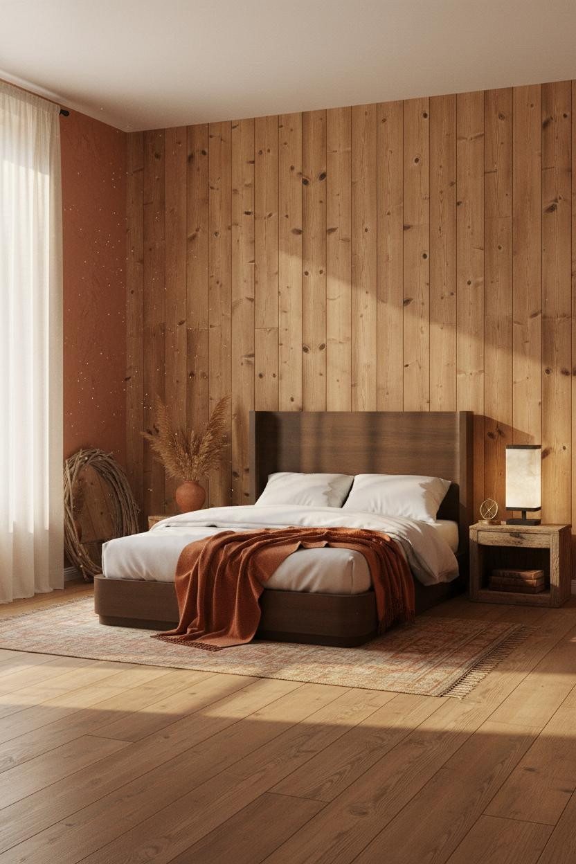 Earthy Vintage Bedroom Shiplap Terracotta Walls